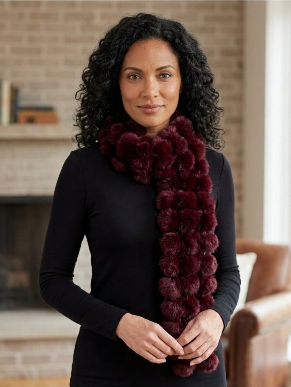 Women's Genuine Y2K Rabbit Fur Pom-Pom  Burgundy Scarf One Size